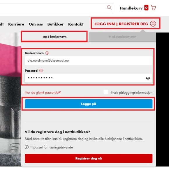 Bilde av innlogging med brukernavn i nettbutikken til Würth Norge.